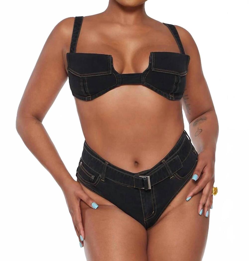 NEW CIRCULAR PATH pocket denim bikini top in black ebony